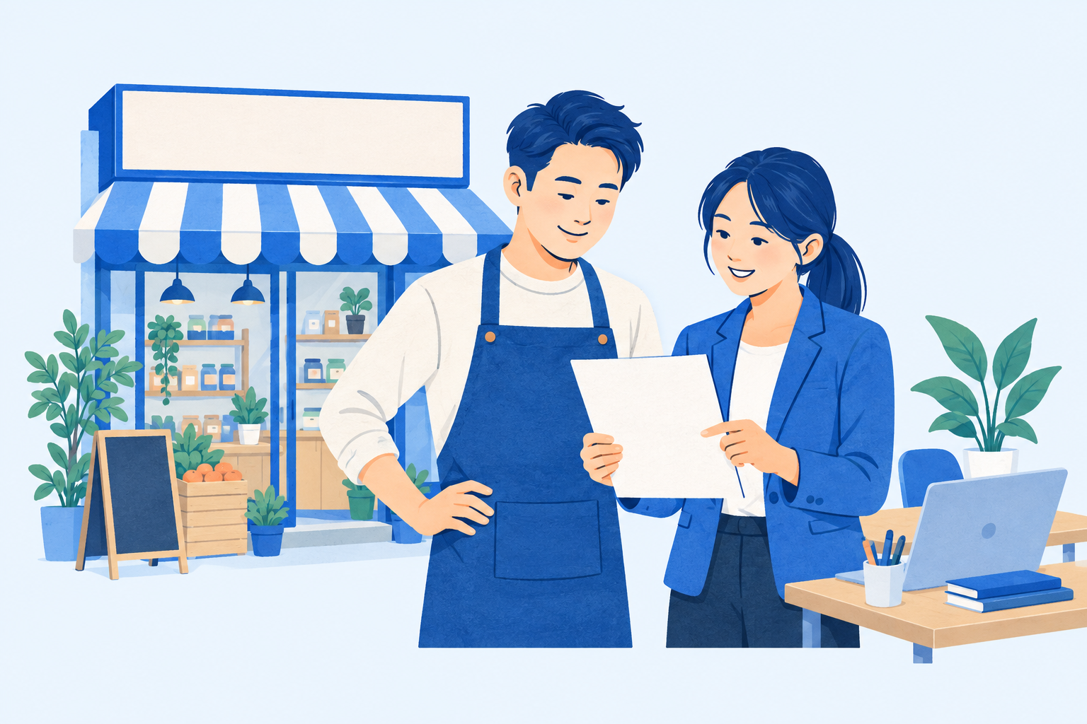 小店僱主與同事一同整理文件的情境插圖